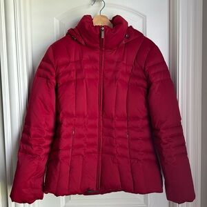 Calvin Klein women’s down puffy winter jacket with hood, red, size medium